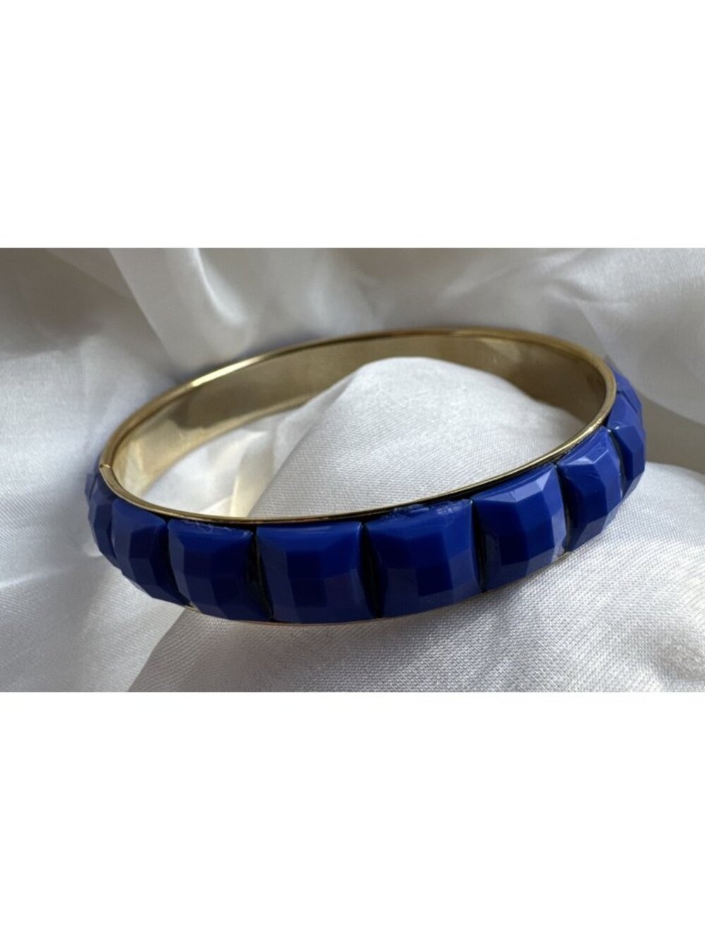 Blue Squares Bangle Bracelet Goldtone Stackable 1/4 inch Summer NEW